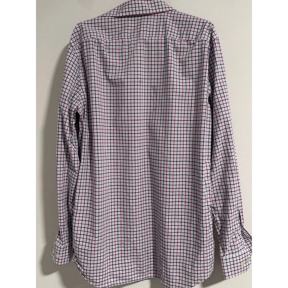 Banana Republic Grant Fit Red Navy Plaid Non-Iron Cotton Stretch Shirt Preppy L